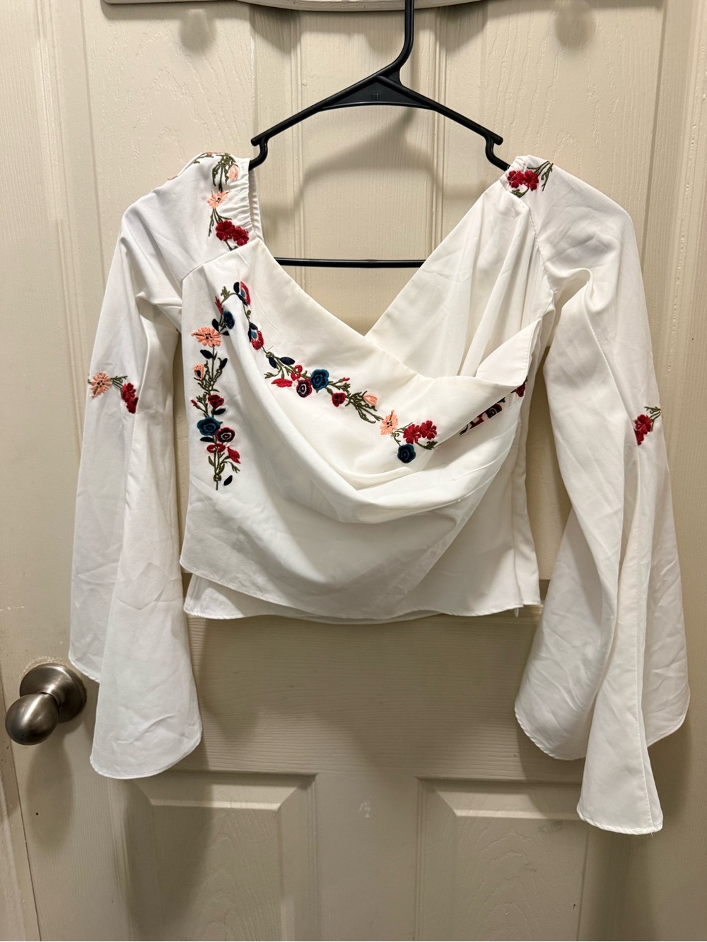Lulumari White Cowl Neck Blouse with Multicolor Floral Embroidery